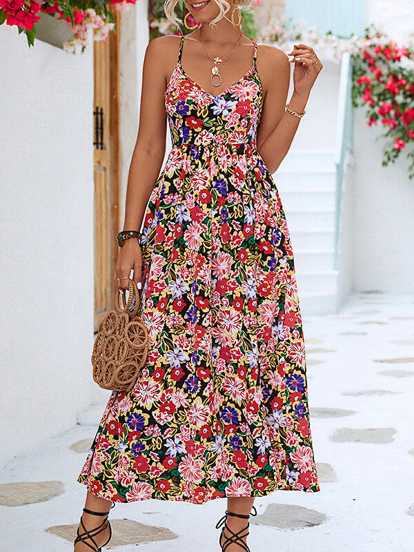 Woochic robe longue imprimé à fleurie strappy dos nu fendu le côté bohème de plage Noir S