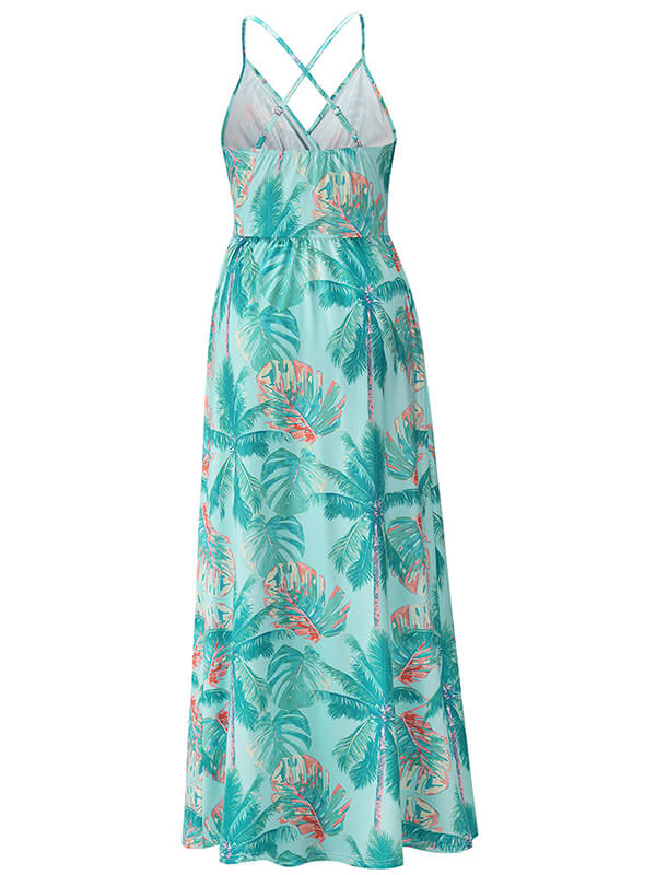 Woochic robe longue imprimé tropicale feuille fluide dos nu à fines brides v-cou bohème mode de plage
