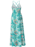 Woochic robe longue imprimé tropicale feuille fluide dos nu à fines brides v-cou bohème mode de plage
