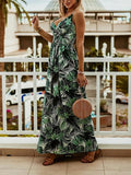 Woochic robe longue imprimé tropicale feuille fluide dos nu à fines brides v-cou bohème mode de plage