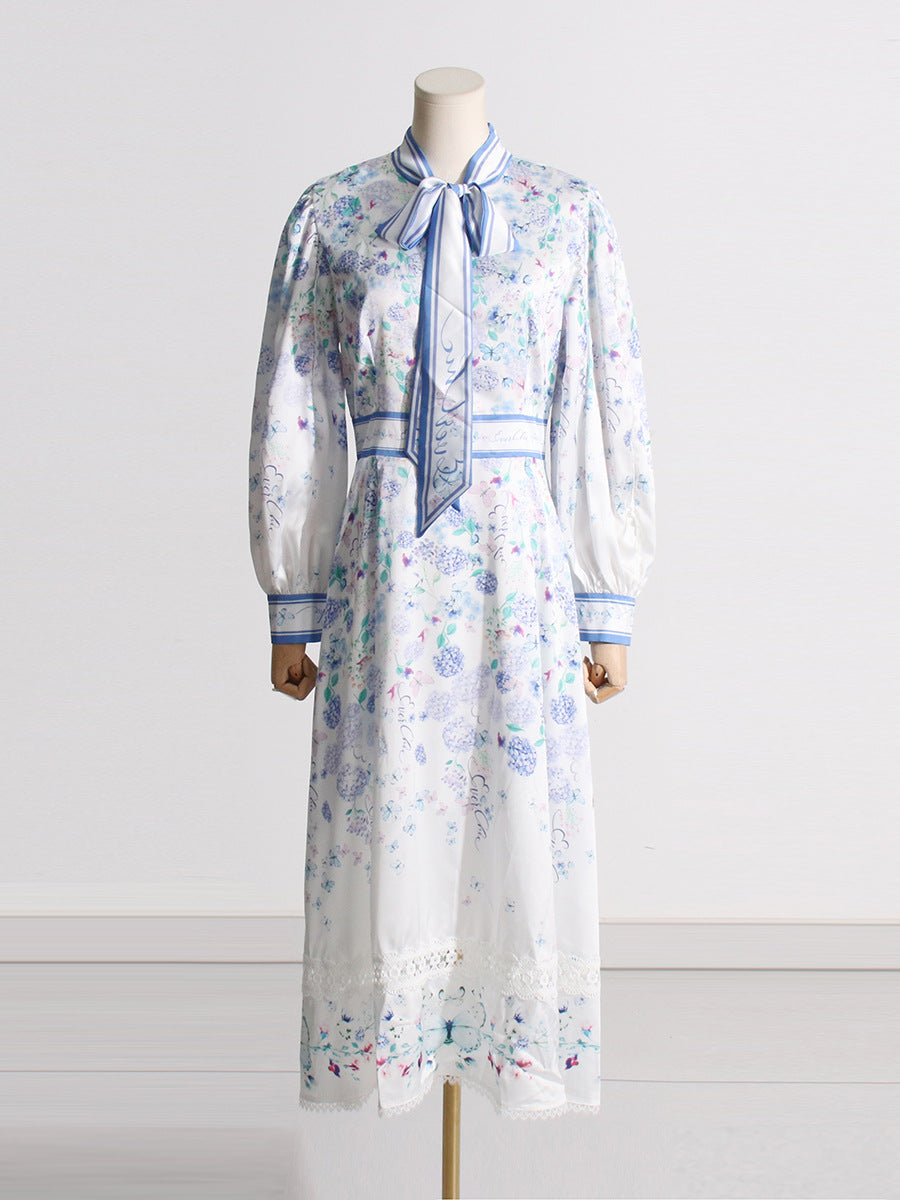 Woochic robe longue imprimée florale et à lacets des manches longues,style cour