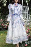 Woochic robe longue imprimée florale et à lacets des manches longues,style cour Multicolor S