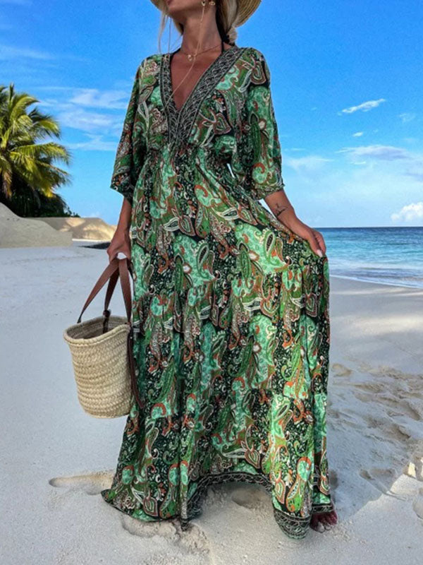 Woochic robe longue imprimés plissé dos nu v-cou manches au coude bohème plage