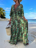Woochic robe longue imprimés plissé dos nu v-cou manches au coude bohème plage