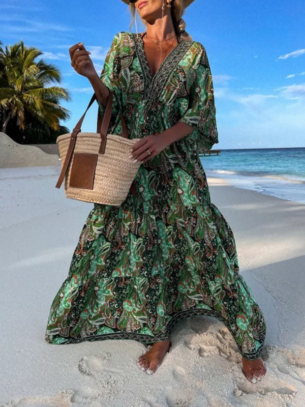 Woochic robe longue imprimés plissé dos nu v-cou manches au coude bohème plage Vert S