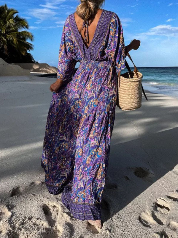 Woochic robe longue imprimés plissé dos nu v-cou manches au coude bohème plage