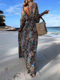 Woochic robe longue imprimés plissé dos nu v-cou manches au coude bohème plage