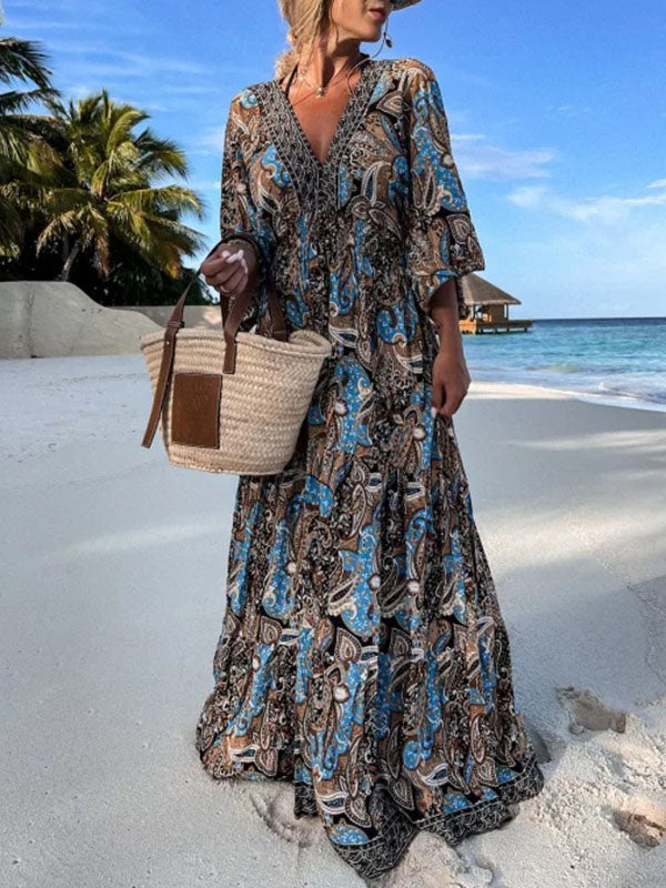 Woochic robe longue imprimés plissé dos nu v-cou manches au coude bohème plage Bleu S
