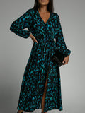 Woochic robe longue léopard fendu le côté v-cou manches bouffantes manches longues mode de cocktail
