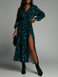 Woochic Leopard Maxi Dress Split Side V-Neck Puff Sleeve Long Sleeve Cocktail Fashion