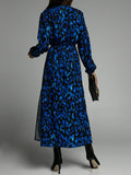 Woochic robe longue léopard fendu le côté v-cou manches bouffantes manches longues mode de cocktail
