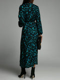 Woochic robe longue léopard fendu le côté v-cou manches bouffantes manches longues mode de cocktail