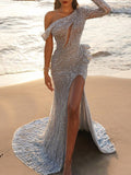Woochic robe longue moulante à volantée fendue cuisse une épaule brillante paillette mode soirée Blanche S