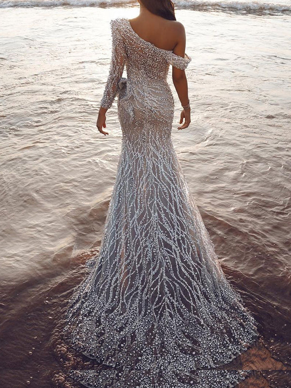 Woochic robe longue moulante à volantée fendue cuisse une épaule brillante paillette mode soirée