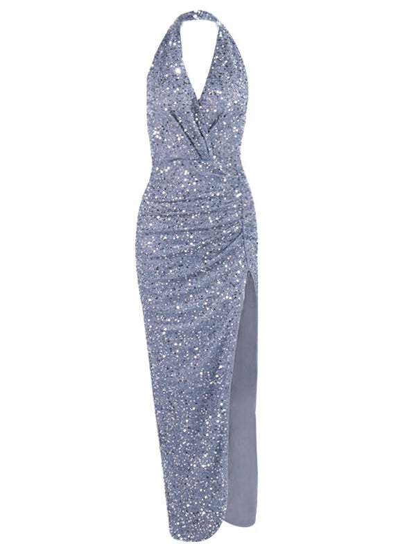 Woochic robe longue moulante fendu le côté brillante paillette v-cou licou mode de soirée