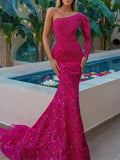 Woochic robe longue moulante une épaule brillante paillette mode bal de promo