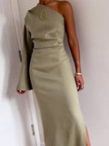 Woochic robe longue moulante une épaule fendu le côté élégant de soirée