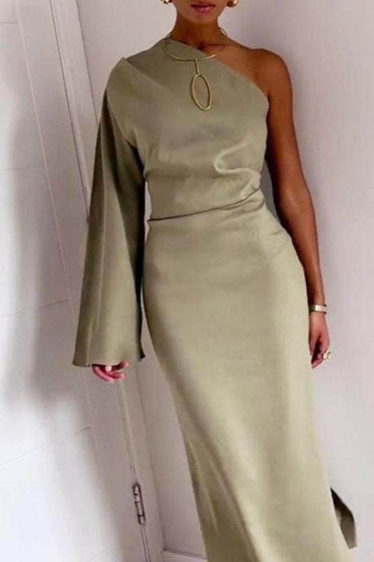 Woochic robe longue moulante une épaule fendu le côté élégant de soirée