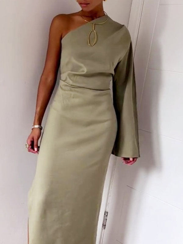 Woochic robe longue moulante une épaule fendu le côté élégant de soirée