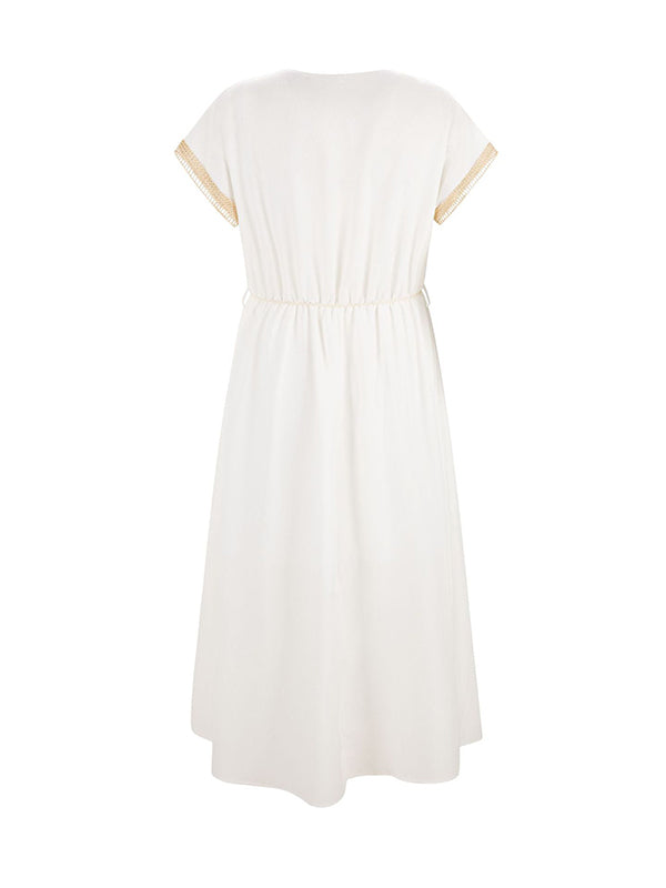 Woochic robe longue mousseline coulisse taille v-cou manches chauve souris manches courtes élégant bapteme