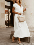 Woochic long chiffon dress drawstring waist v-neck batwing sleeves short sleeves elegant baptism
