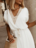 Woochic robe longue mousseline coulisse taille v-cou manches chauve souris manches courtes élégant bapteme