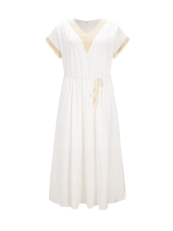 Woochic robe longue mousseline coulisse taille v-cou manches chauve souris manches courtes élégant bapteme