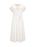 Woochic robe longue mousseline coulisse taille v-cou manches chauve souris manches courtes élégant bapteme
