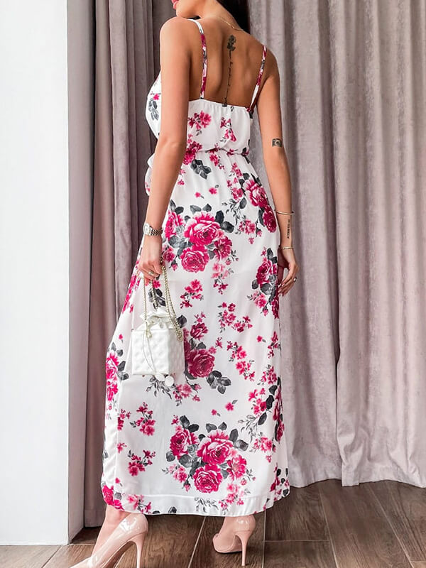 Woochic robe longue mousseline imprimé à fleurie à fines brides fendu le côté mode plage