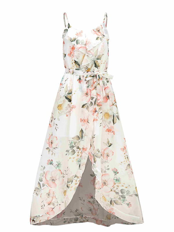 Woochic robe longue mousseline imprimé à fleurie à fines brides fendu le côté mode plage