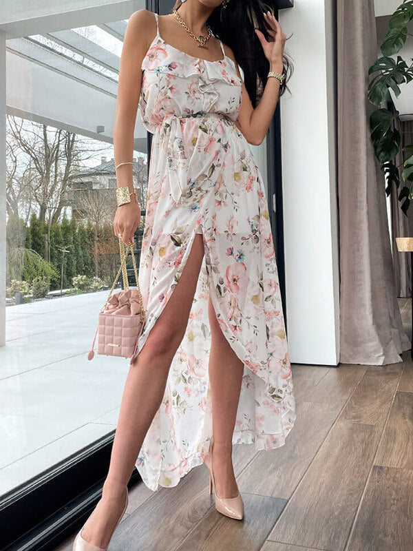 Woochic robe longue mousseline imprimé à fleurie à fines brides fendu le côté mode plage