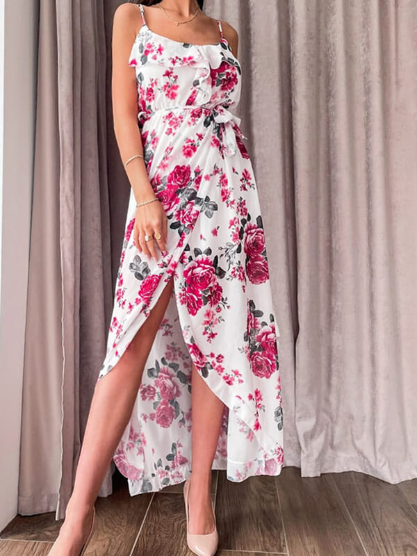 Woochic robe longue mousseline imprimé à fleurie à fines brides fendu le côté mode plage