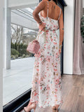 Woochic robe longue mousseline imprimé à fleurie à fines brides fendu le côté mode plage