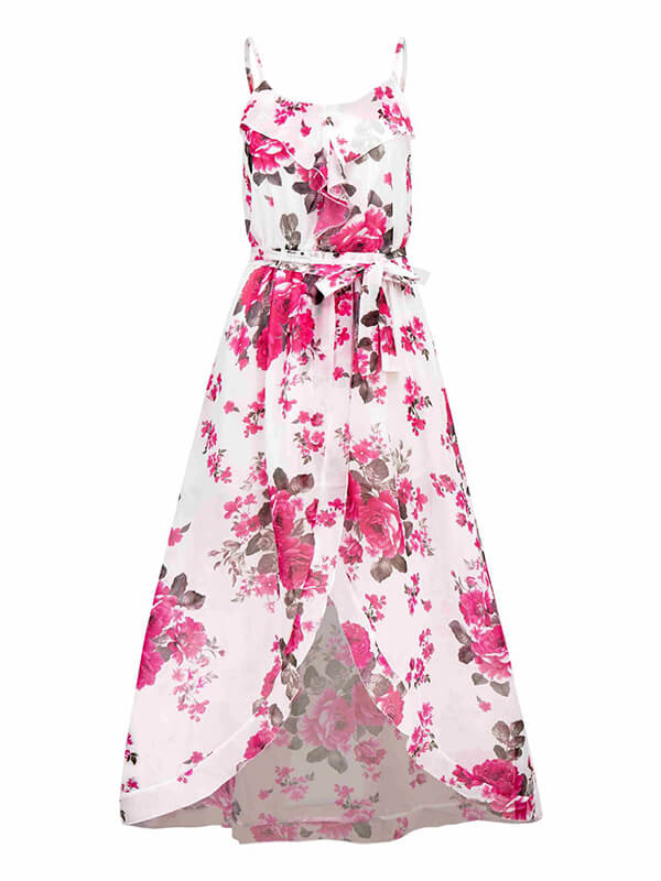 Woochic robe longue mousseline imprimé à fleurie à fines brides fendu le côté mode plage