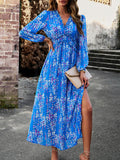 Woochic robe longue mousseline imprimé à fleurie fendu le côté v-cou élégant bal de promo Bleu S