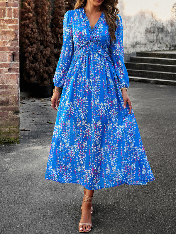 Woochic robe longue mousseline imprimé à fleurie fendu le côté v-cou élégant bal de promo