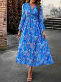 Woochic robe longue mousseline imprimé à fleurie fendu le côté v-cou élégant bal de promo