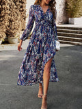 Woochic robe longue mousseline imprimé à fleurie fendu le côté v-cou élégant bal de promo