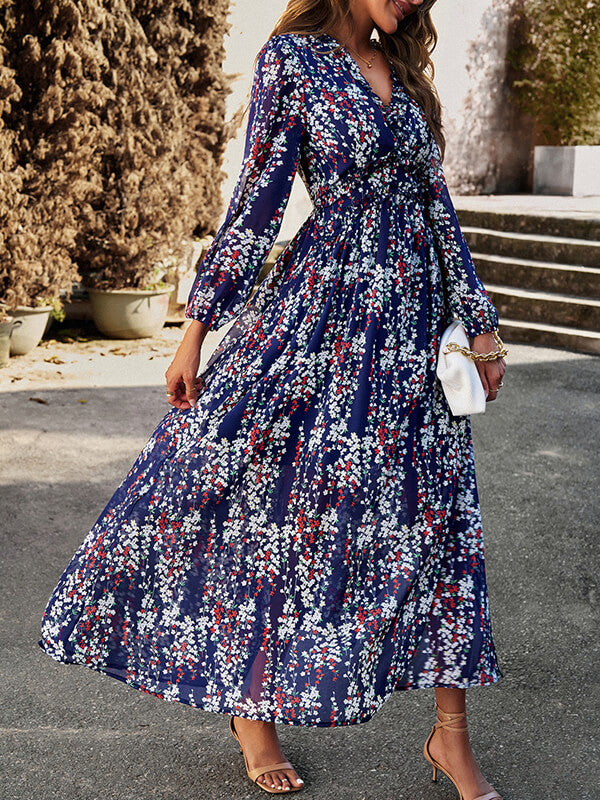Woochic robe longue mousseline imprimé à fleurie fendu le côté v-cou élégant bal de promo