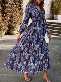 Woochic robe longue mousseline imprimé à fleurie fendu le côté v-cou élégant bal de promo