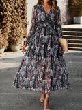 Woochic robe longue mousseline imprimé à fleurie fendu le côté v-cou élégant bal de promo Noir S