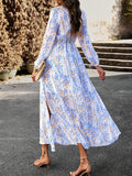Woochic robe longue mousseline imprimé à fleurie fendu le côté v-cou élégant bal de promo
