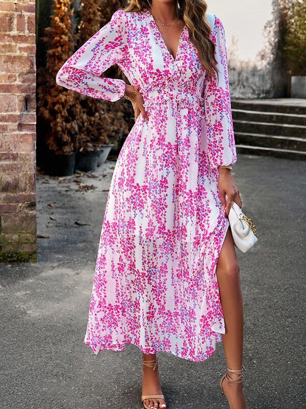 Woochic robe longue mousseline imprimé à fleurie fendu le côté v-cou élégant bal de promo