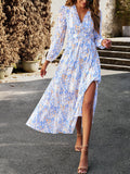 Woochic robe longue mousseline imprimé à fleurie fendu le côté v-cou élégant bal de promo