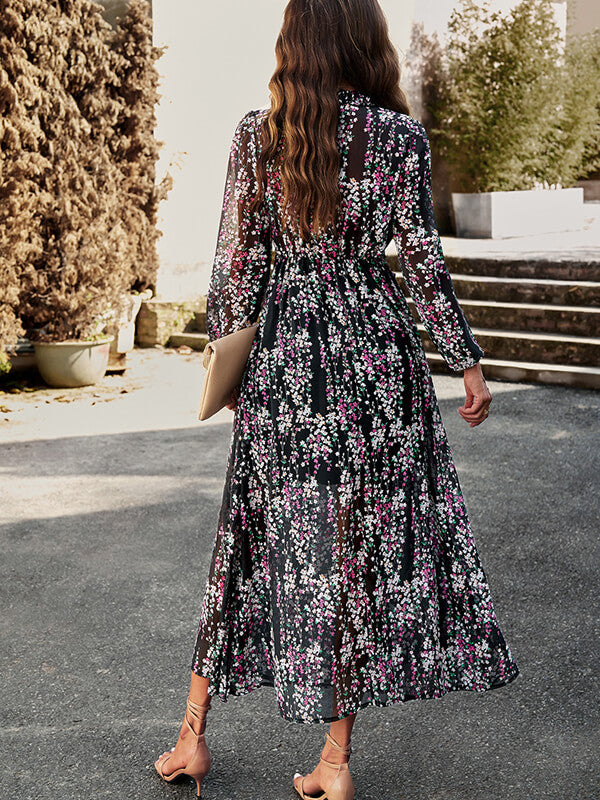 Woochic robe longue mousseline imprimé à fleurie fendu le côté v-cou élégant bal de promo