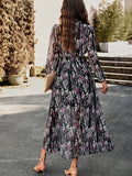 Woochic robe longue mousseline imprimé à fleurie fendu le côté v-cou élégant bal de promo