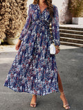 Woochic robe longue mousseline imprimé à fleurie fendu le côté v-cou élégant bal de promo Navy S
