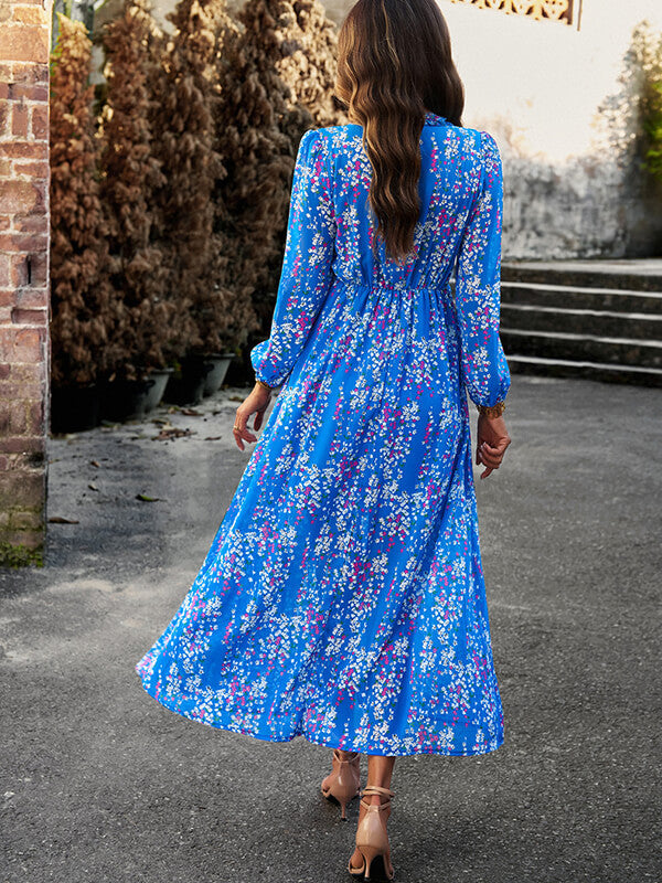 Woochic robe longue mousseline imprimé à fleurie fendu le côté v-cou élégant bal de promo