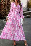 Woochic robe longue mousseline imprimé à fleurie fendu le côté v-cou élégant bal de promo Rose S