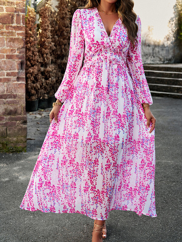Woochic robe longue mousseline imprimé à fleurie fendu le côté v-cou élégant bal de promo